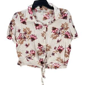 Gypsies Moondust Womens Top Size M Pink Floral Short Sleeves Tie Button Front